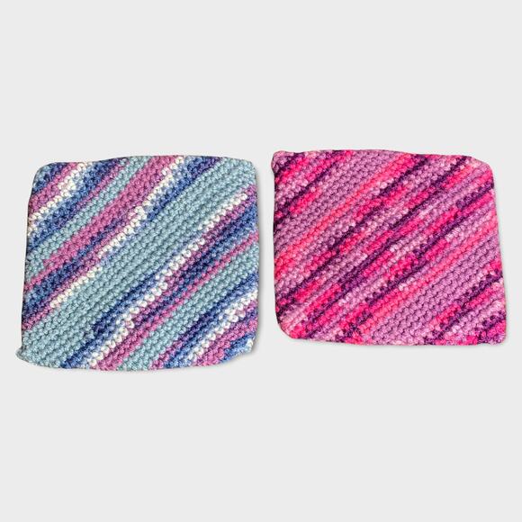 Hand Knit Hot Pads Dish Cloths Lot of 2 Pink Purple Square Double Layer - Picture 4 of 5